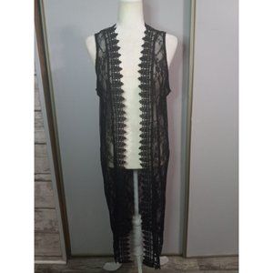 Black Lace Crochet Scalloped Large Midi Open Casual Classic Occasion Wrap